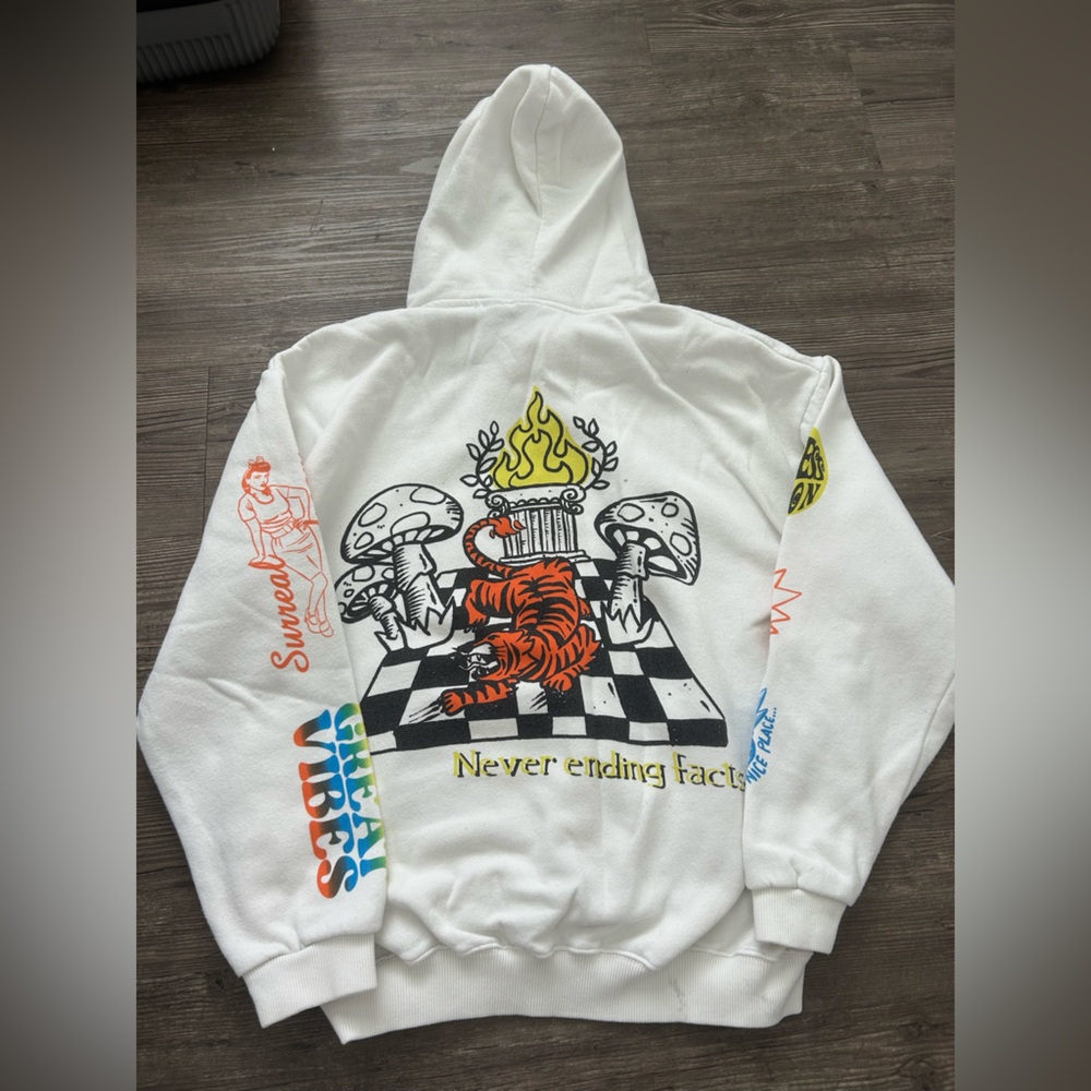 Pull&Bear White Hoodie with Colorful Graphic